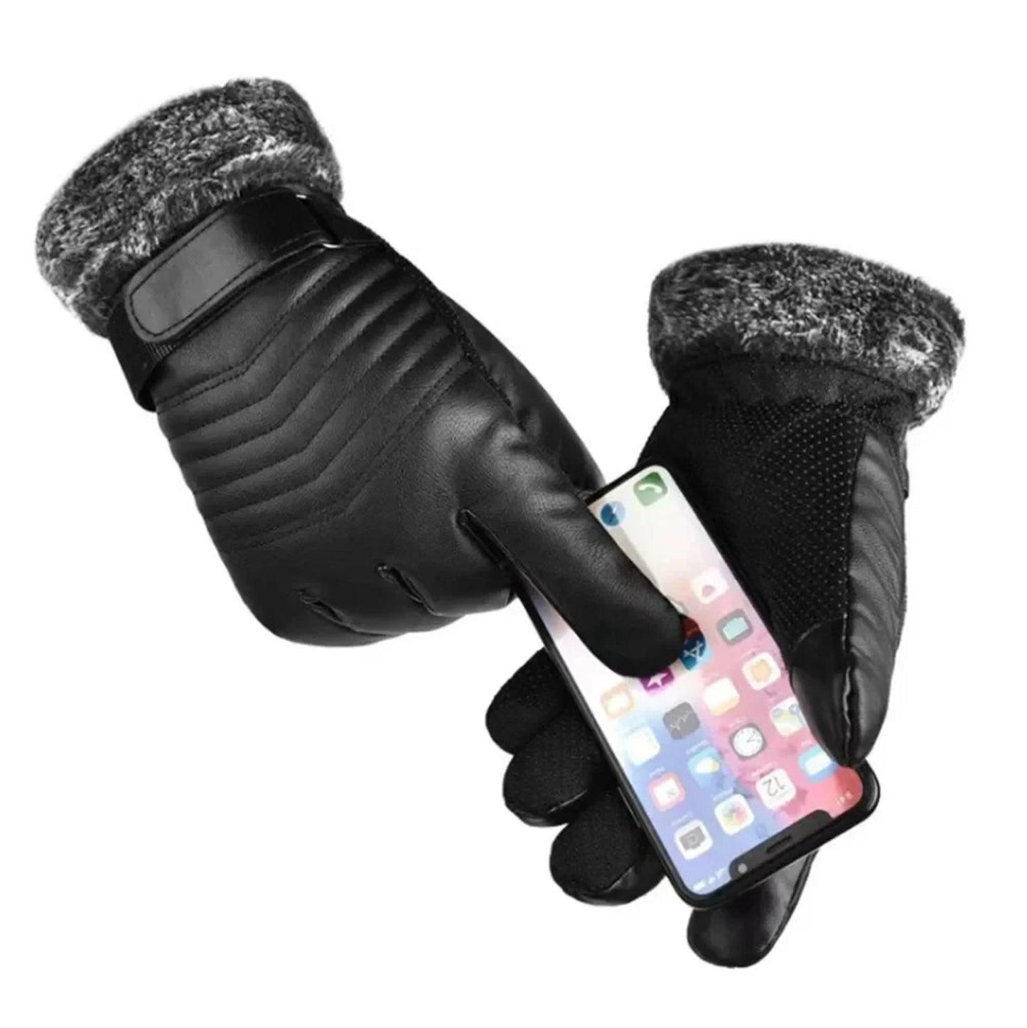 FrostGuard Men's Winter Touch Gloves - Gloves Winter MEN'S Fur Mouth Plush Insulation Gloves Outdoor Cycling Motorcycle PU Touch Screen Cotton Gloves