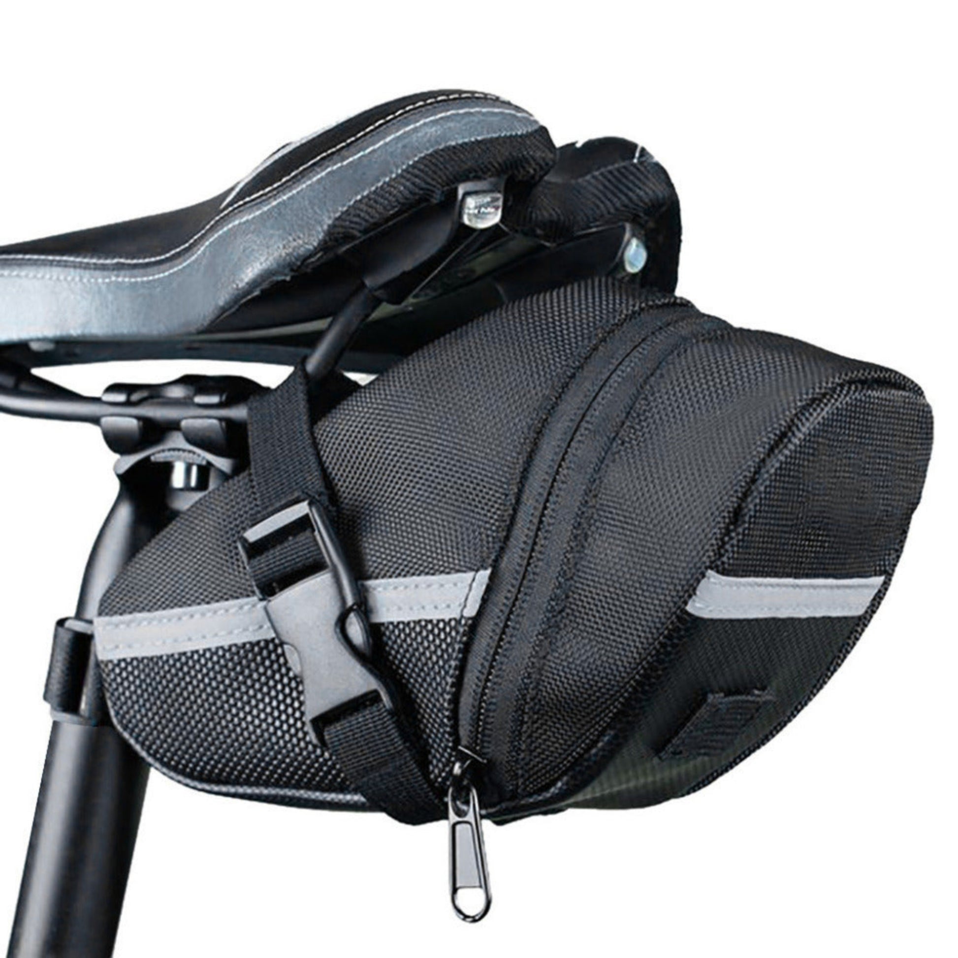 Mountain Bike Seat Tail Bag – Waterproof 600D Canvas Bicycle Saddle Bag with Reflective Strip, Quick-Release Strap & Taillight Hook (Black)