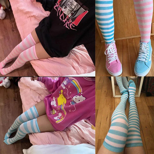 Cozy Japanese-Inspired Stockings,Elegant Striped Hosiery for Women - Warm & Stylish Over Knee Stockings