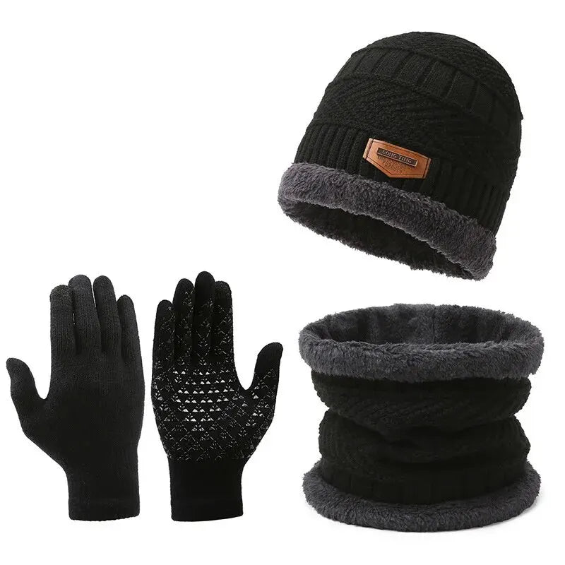 Men’s Winter Windproof Knit Hat Scarf & Gloves Set – Cashmere-Insulated Thermal Outdoor Cold-Weather Protection