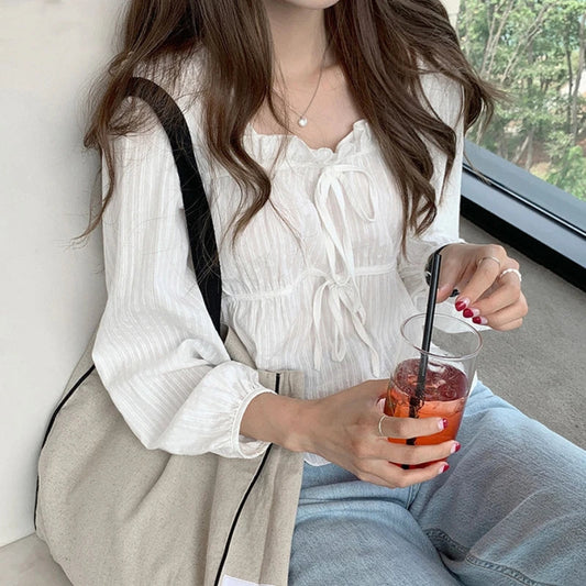 Spring Breeze Blouse Cotton - Linen Elegance Top- Korean Charm Shirt